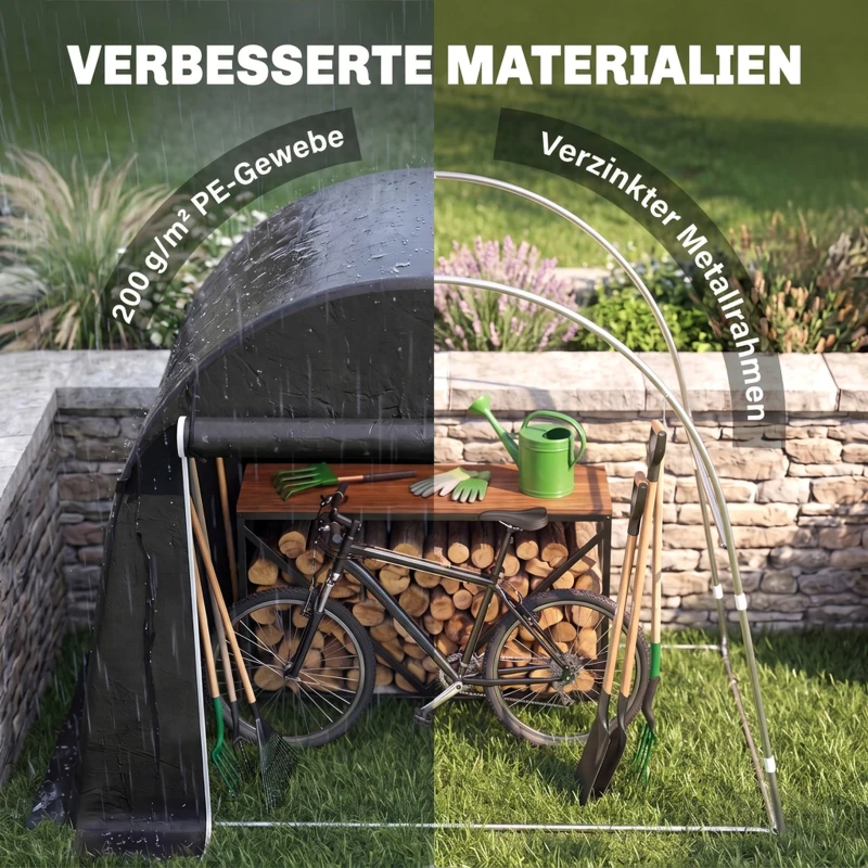 Outsunny Tragbarer Gartenschuppen, Fahrradzelt, Rolltür mit Reißverschluss, Metallrahmen, vielseitige Aufbewahrung, Kunststoff-Abdeckung, Dunkelgrau