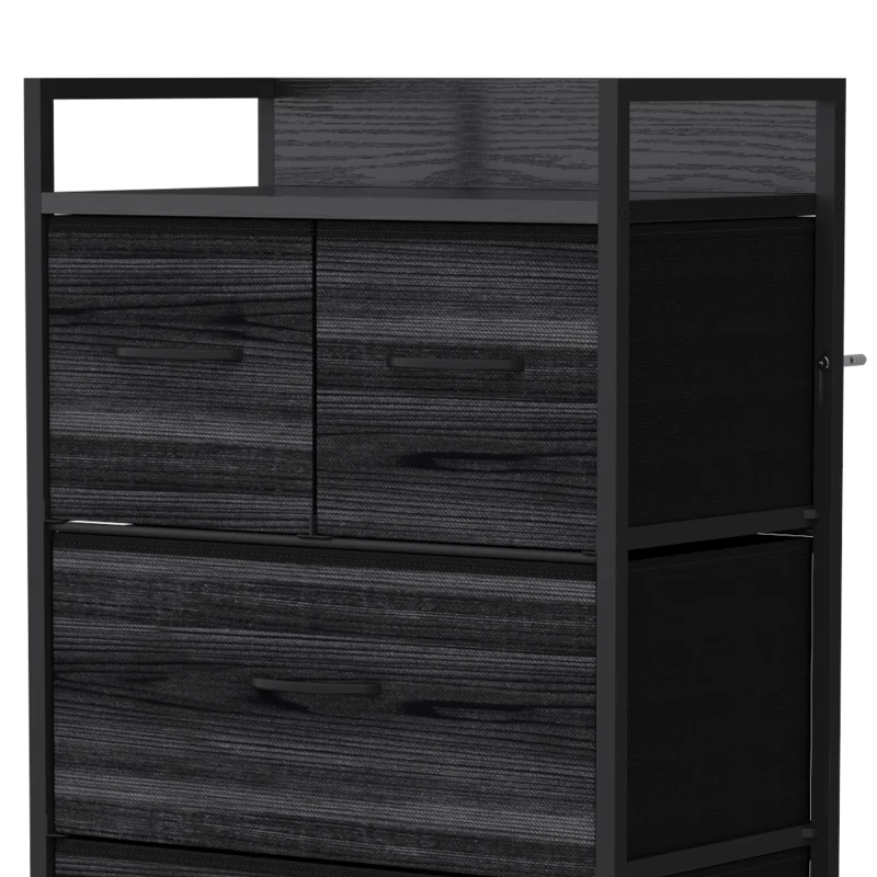 HOMCOM Rustic Chest of Four Fabric Drawers - Black Wood Effect