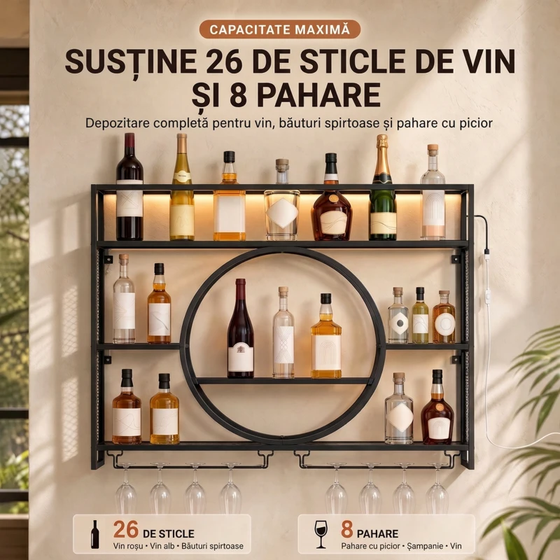 HOMCOM Suport de perete pentru sticle cu LED, suport pentru pahare și rafturi, negru