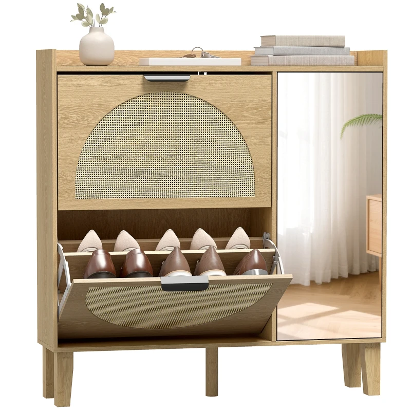 HOMCOM Pantofar Îngust Boem cu Oglindă 2 Uși din Ratan Dulap 10 Perechi Rafturi Reglabile 94,5x24x96,5 cm Stejar
