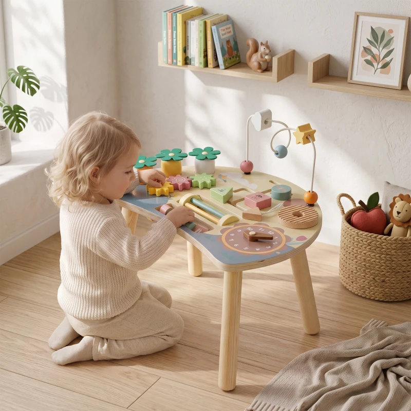 AIYAPLAY Wooden Baby Activity Table for 1-3 Years, 6-in-1 Montessori Activity Table with Gears, Bead Maze, Rotating Clock