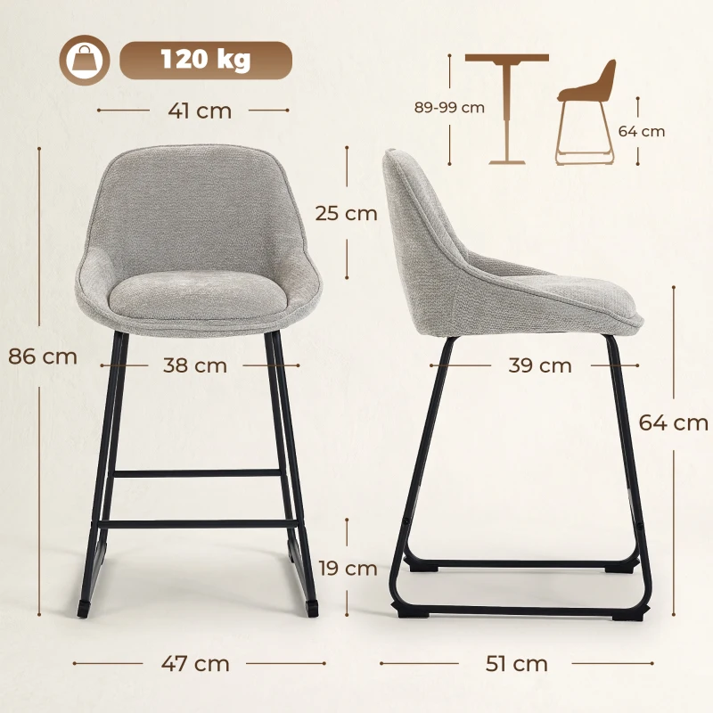 HOMCOM Conjunto de 2 Banquetas de Bar, Banquetas em Chenille, Assento Estofado 64H cm, Encosto e Apoia-Pés, Cinza