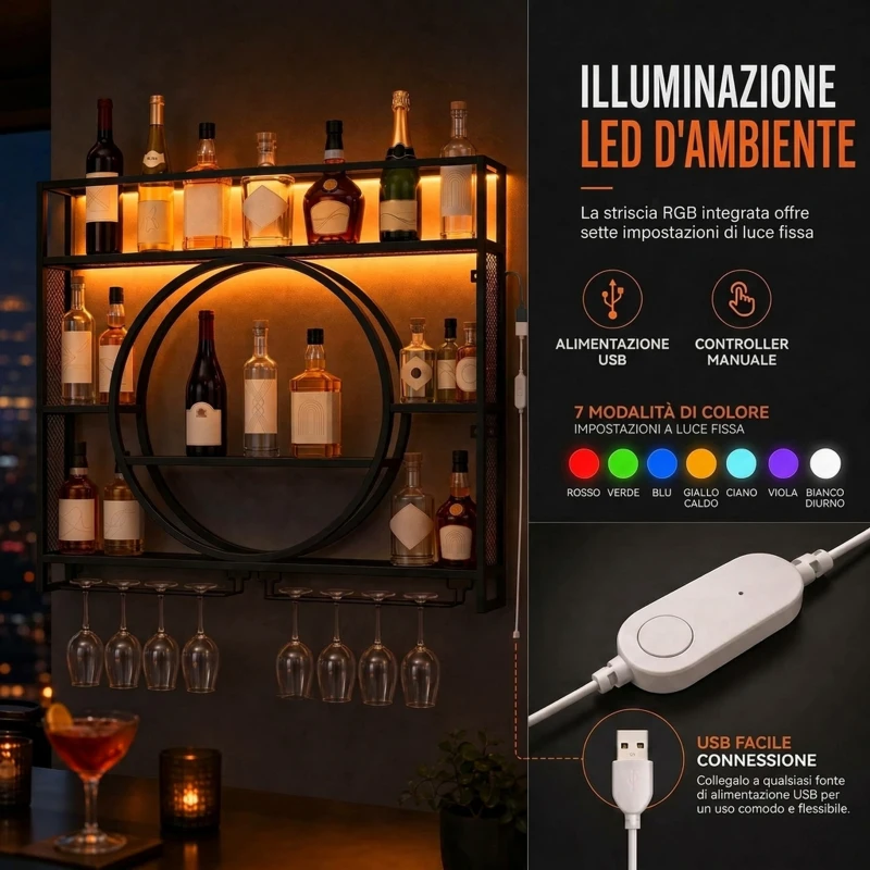 HOMCOM Portabottiglie Da Parete Con Luci LED, Portabicchieri e Ripiani, Nero