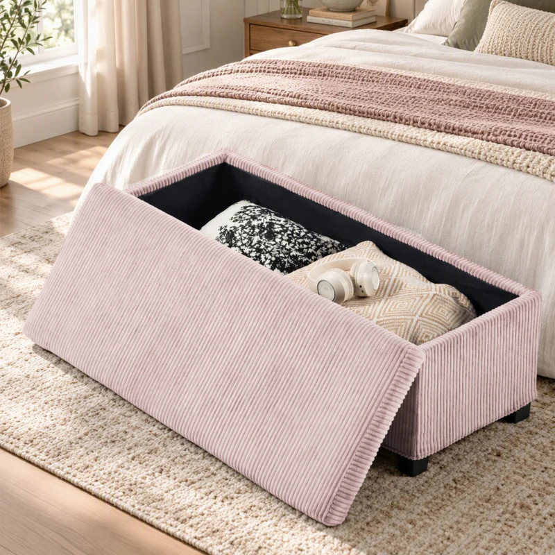 HOMCOM Banco Almacenaje Capacidad de 84 L 112x42x40cm Tapizado en Pana Pie de Cama para Sala de Estar Dormitorio Rosa