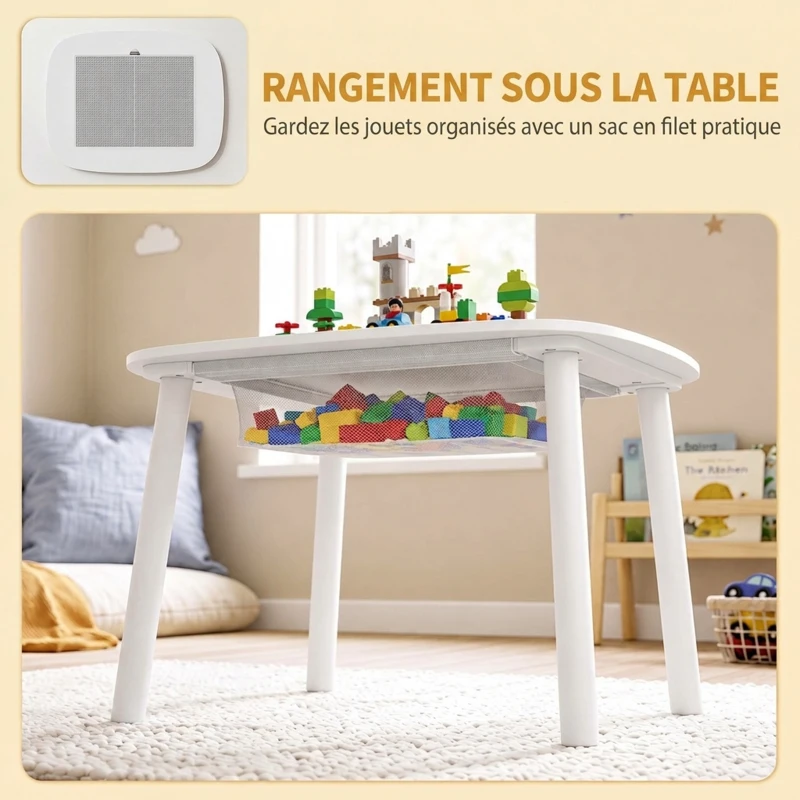 AIYAPLAY Bureau et Chaise pour Enfant 2 Pièces avec Plateau de Construction en Briques et Sac en Filet, 3 à 6 Ans, Blanc