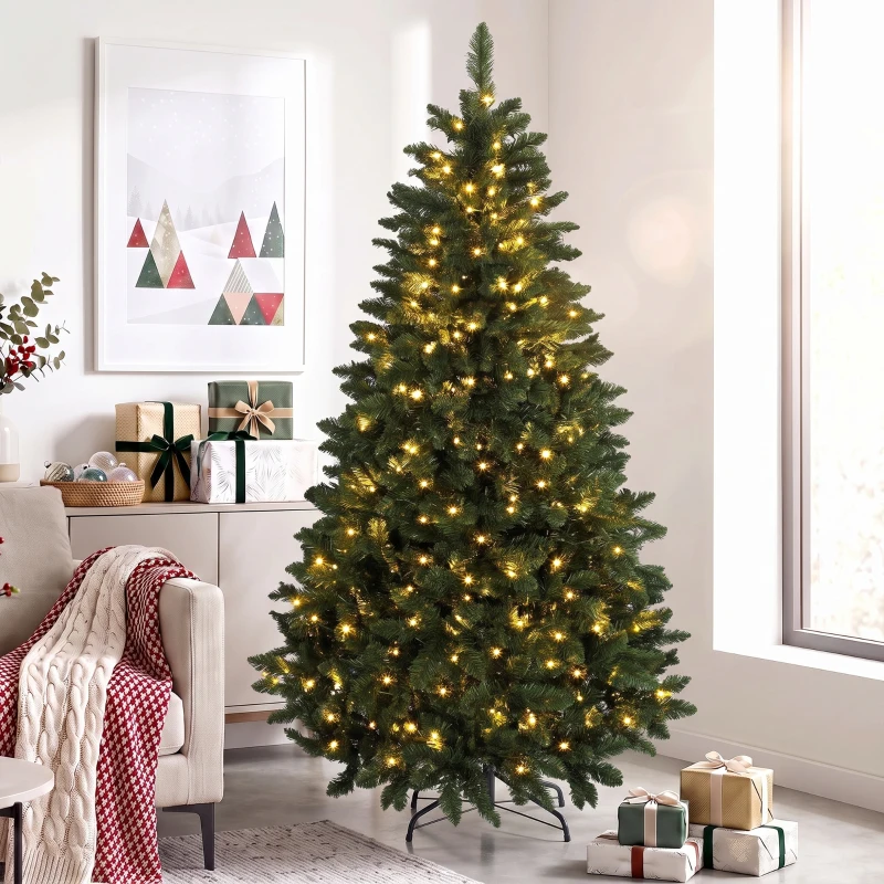 HOMCOM Árbol de Navidad 180 cm con 250 Luces LED 11 Modos Mando a Distancia 800 Puntas Base de Acero Plegable Verde