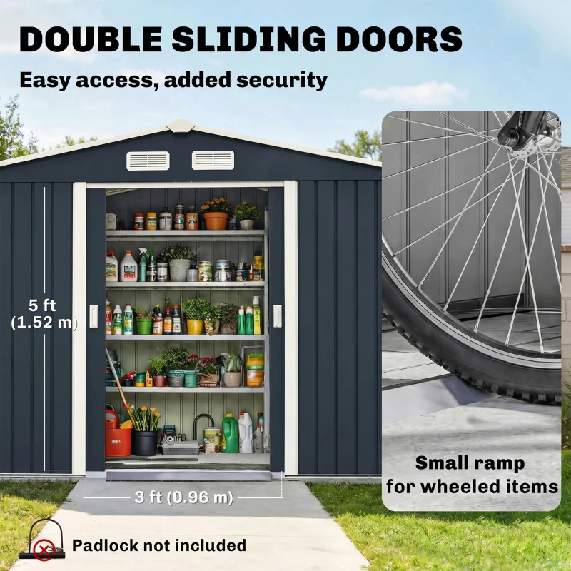 Outsunny 9 x 6ft Metal Bicycle Shed, Outdoor Storage Tool House with Ventilation Slots, Foundation Kit and Lockable Double Doors, Dark Grey