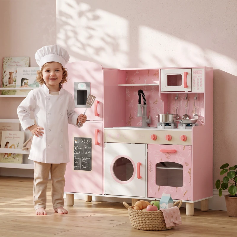 AIYAPLAY Cocina de Madera Infantil con Sonido Fogón Horno Grifo Fregadero Microondas Lavadora Máquina de Hielo Rosa