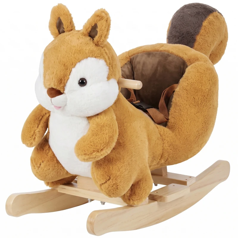 AIYAPLAY Rocking Horse, Stable Plush Ride on Horse Squirrel Design with Animal Sounds, Security Belt for Toddlers 1-3 Y, Brown