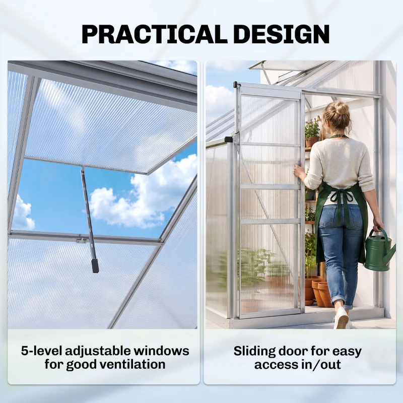 Outsunny 6 x 4ft Lean to Wall Polycarbonate Greenhouse Aluminium Walk-in Garden Greenhouse with Adjustable Roof Vent, Rain Gutter and Sliding Door, Clear