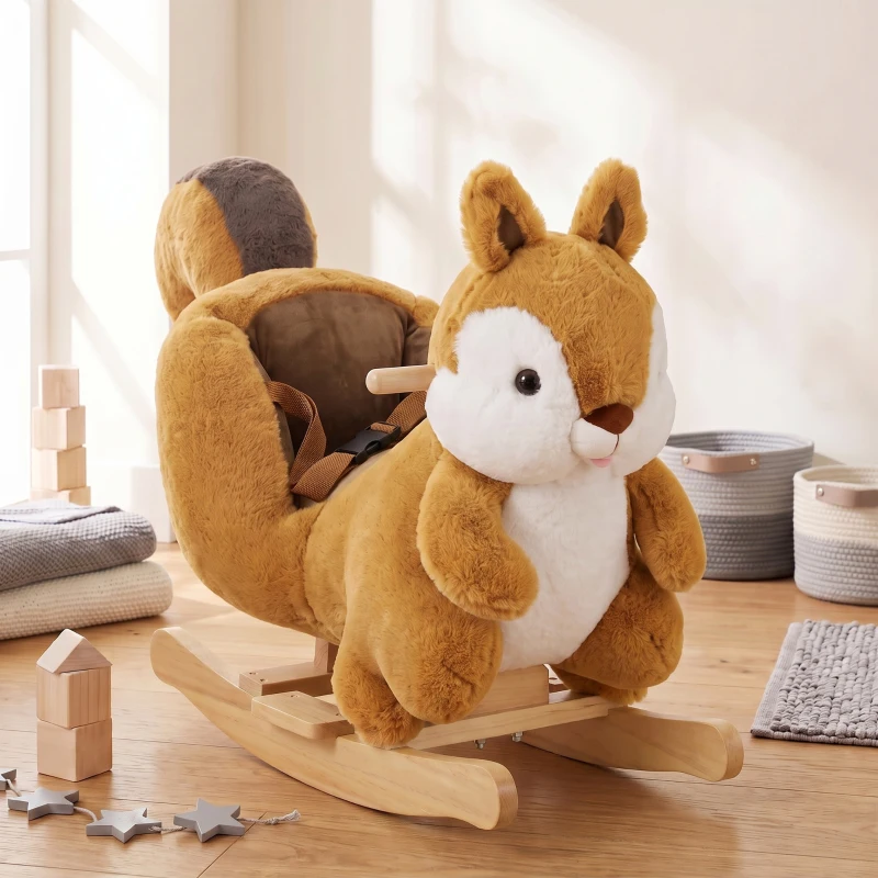 AIYAPLAY Rocking Horse, Stable Plush Ride on Horse Squirrel Design with Animal Sounds, Security Belt for Toddlers 1-3 Y, Brown