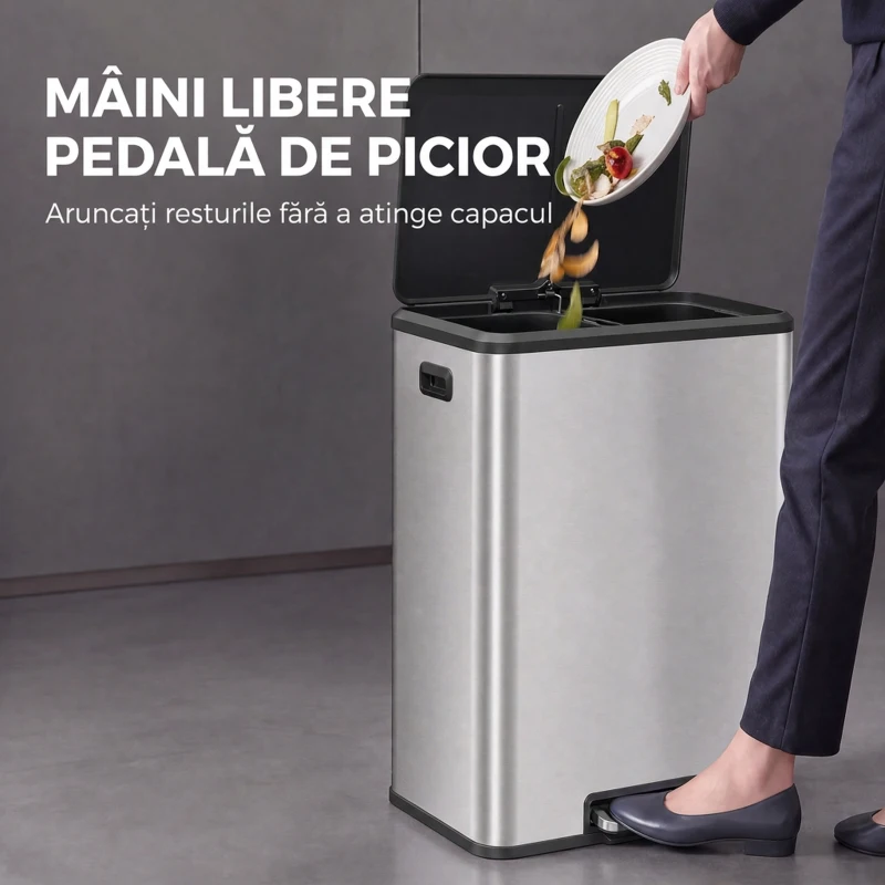 HOMCOM Coș de bucătărie 2 x 30 L, cu pedală, din oțel inoxidabil, găleți detașabile și capac soft-close, argintiu