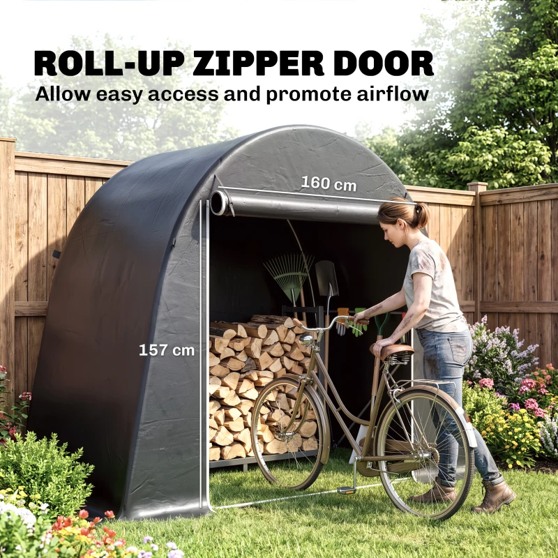 Outsunny 8 x 4 ft Garden Storage Tent, Waterproof Bike Tent with Roll-up Zipper Door and Galvanised Metal Frame, Dark Grey