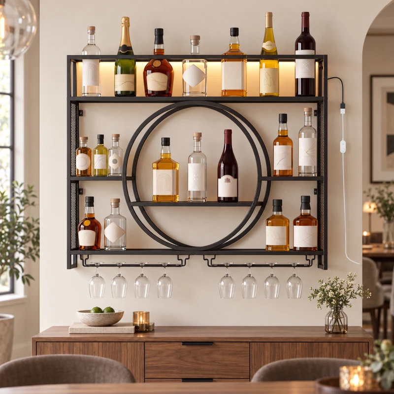 HOMCOM Porte-bouteilles mural avec LED, porte-verres et étagères, noir