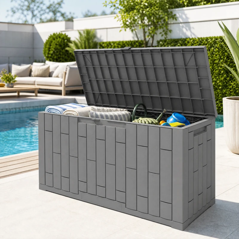 Outsunny Gartenbox 227,4 Liter Wasserdicht Abschließbar UV-beständig Auflagenbox mit Holzoptik für Garten 106,5x43x54,5cm Grau