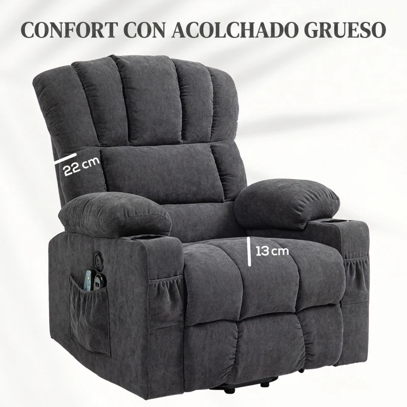 HOMCOM Sillón Relax Reclinable Eléctrico Levanta Personas con Masaje y Calor Lumbar Asiento con Muelles Puerto USB de Chenilla