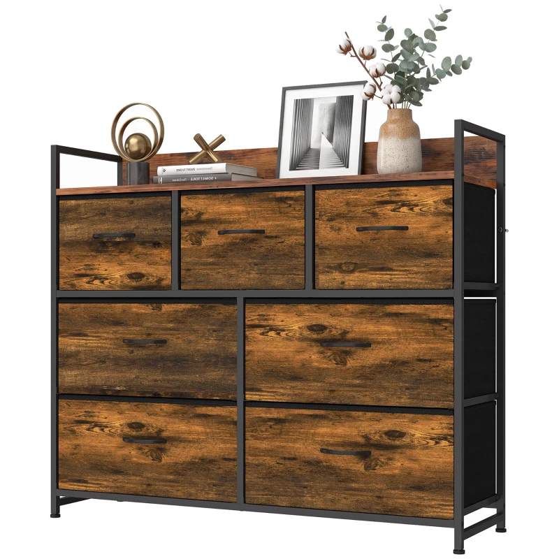 HOMCOM Cajonera de Tela Cómoda de Dormitorio con 7 Cajones Estructura de Acero para Sala de Estar Pasillo Marrón Rústico