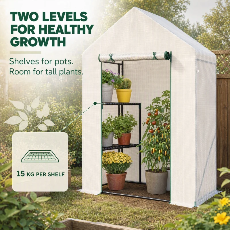 Outsunny Walk In Greenhouse with 2 Tier Shelf, Portable Gardening Plant Grow House Tomato Greenhouse with Roll up Zip Panel Door, Reinforced PE Cover, 143 x 73 x 195cm, Green
