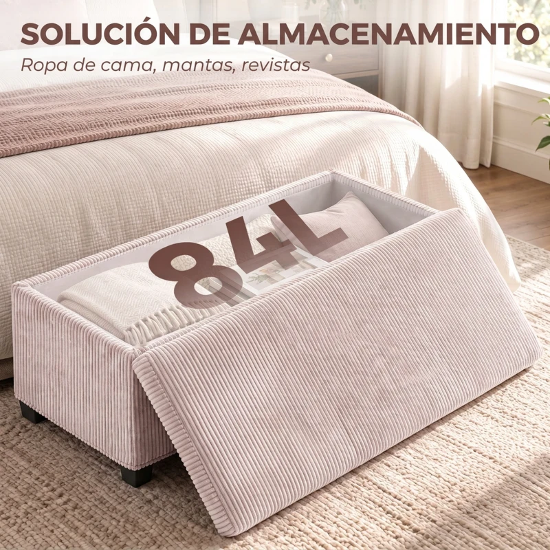 HOMCOM Banco Almacenaje Capacidad de 84 L 112x42x40cm Tapizado en Pana Pie de Cama para Sala de Estar Dormitorio Rosa