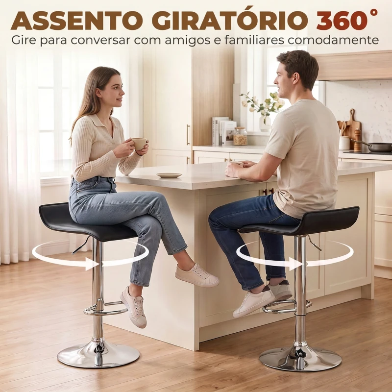 HOMCOM Conjunto de 2 Bancos de Bar Giratórios Bancos Altos de Cozinha com Altura Ajustável 62-83 cm com Encosto e Apoio para os Pés Preto