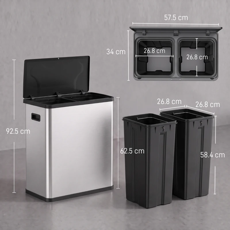 HOMCOM Coș de gunoi automat cu senzor de mișcare în infraroșu și sistem de separare a deșeurilor, capac, 60L, Argintiu