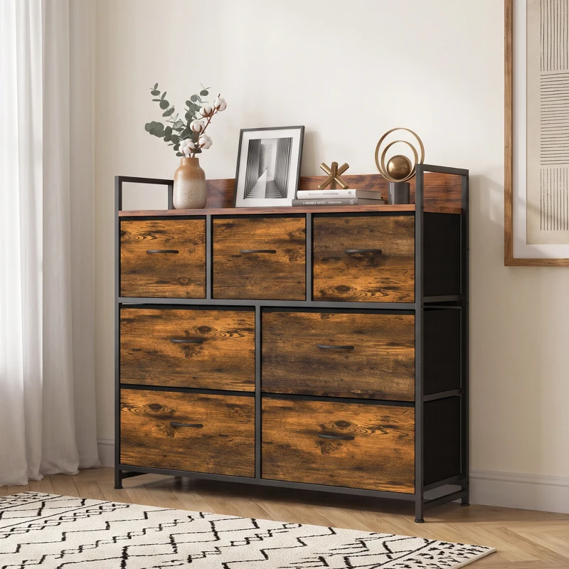 HOMCOM Chest of Drawers with 7 Drawers, Industrial Fabric Storage Unit with Top Shelf and Steel Frame for Bedroom, Rustic Brown