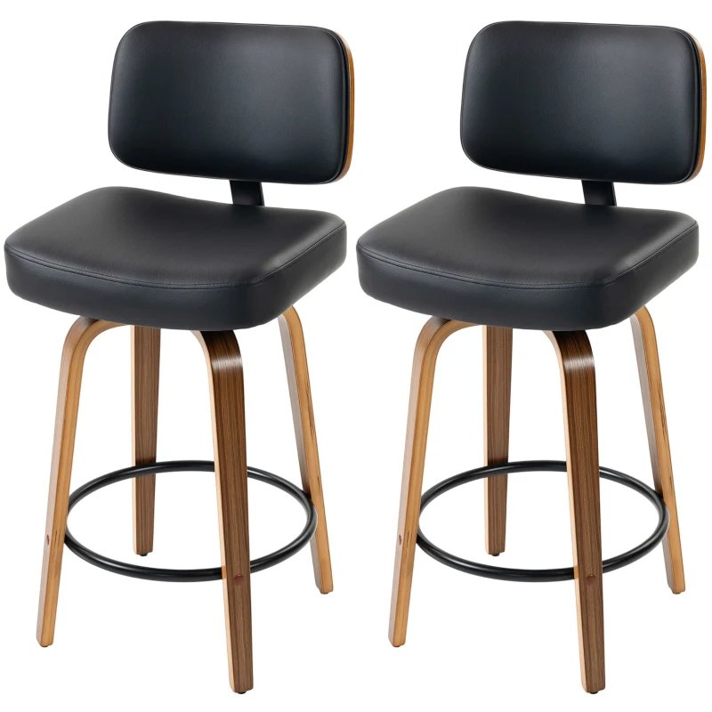 HOMCOM Bancos de Bar Giratórios 360° em Pele Sintética PU com Pernas de Madeira Curvas, Encosto Acolchoado e Apoio para os Pés, 44x49x95 cm, Preto