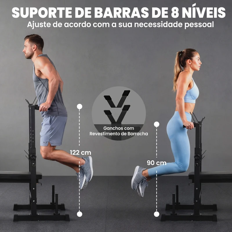 HOMCOM Banco de Pesos Multifuncional Dobrável com Suporte para Barras Ajustável e Estação de Dips 98-122x140x73 cm Preto
