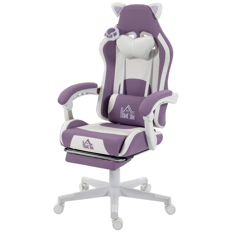 HOMCOM Sedia da Gaming Ergonomica con Orecchie da Gatto, Poggiapiedi, Supporto Lombare e Cervicale, Viola