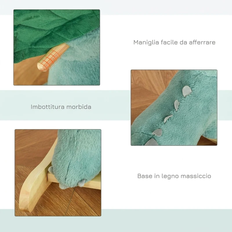 HOMCOM Cavallo a Dondolo per Bambini 3-6 Anni a Forma di Triceratopo con Suoni Realistici, Verde Scuro