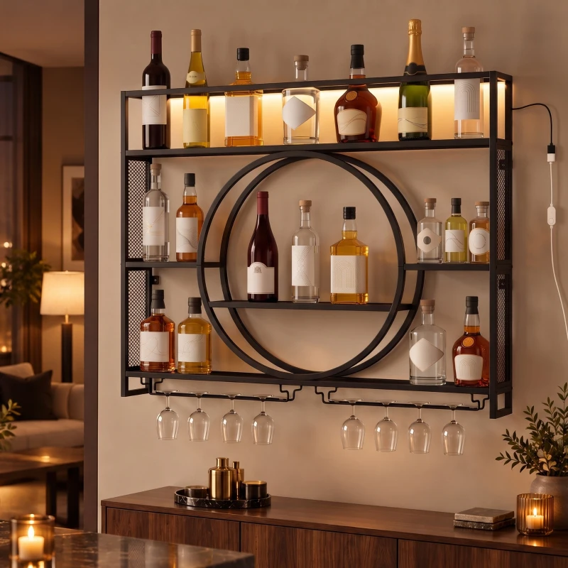 HOMCOM Porte-bouteilles mural avec LED, porte-verres et étagères, noir