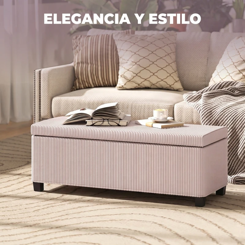 HOMCOM Banco Almacenaje Capacidad de 84 L 112x42x40cm Tapizado en Pana Pie de Cama para Sala de Estar Dormitorio Rosa