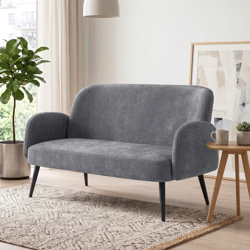 HOMCOM 132cm 2 Seater Sofa, Velvet Comfy Small Sofa Couch with Wide Seat, Thick Padding, Tapered Metal Legs, Light Grey