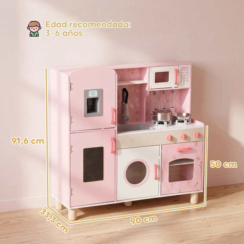 AIYAPLAY Cocina de Madera Infantil con Sonido Fogón Horno Grifo Fregadero Microondas Lavadora Máquina de Hielo Rosa