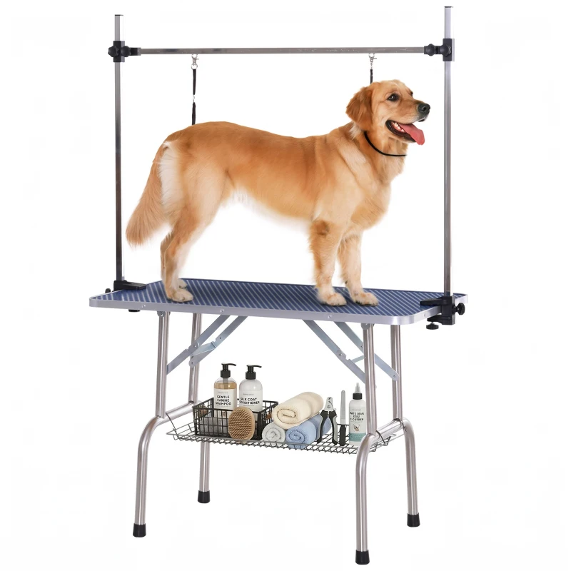 PawHut Trimtafel, scheertafel in hoogte verstelbaar met ondermand voor honden inklapbaar blauw(m-15)