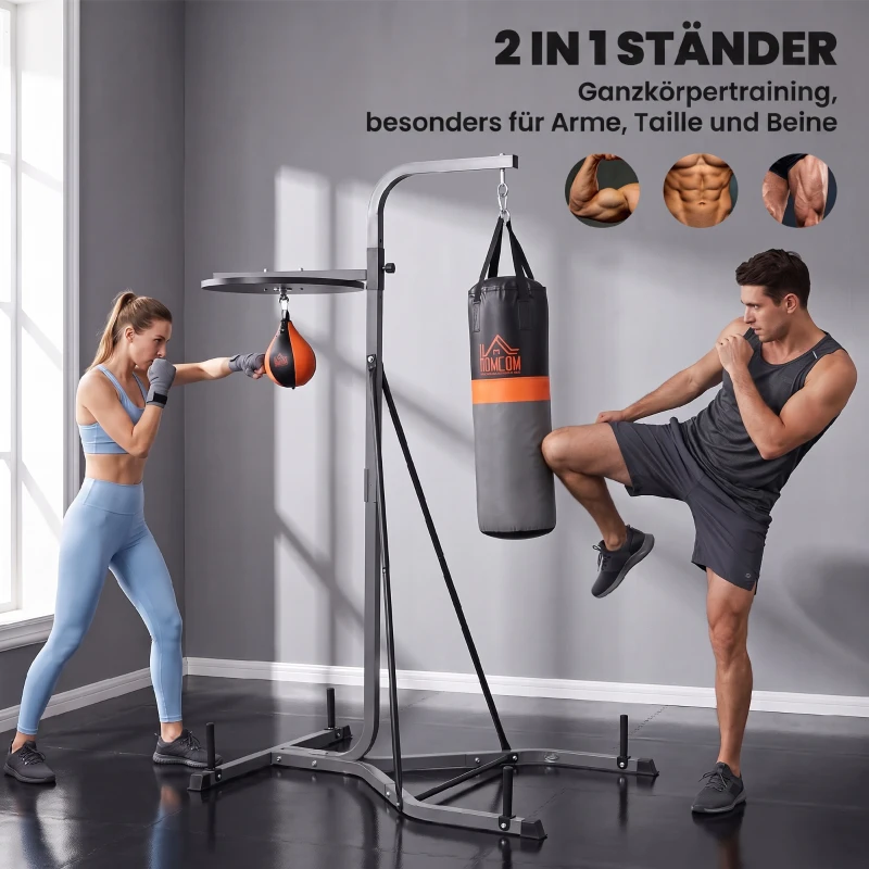 HOMCOM 2-in-1 Boxsackständer max. Tragkraft 100 kg, drehbar Boxsackhalterung aus Stahl mit 20kg Boxsack Punchingball, stehend höhenverstellbar Boxsackhalter, für Indoor Fitness Training, Schwarz