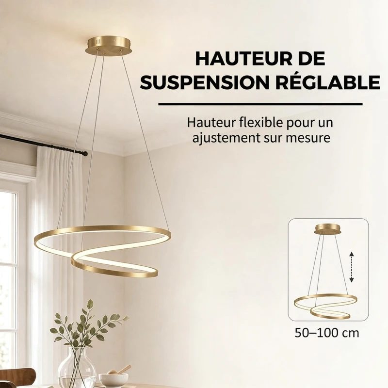 HOMCOM Suspension Luminaire avec 2 Anneaux, Lustre Suspendu LED à 3 Températures de Couleur, Hauteur Réglable, Doré