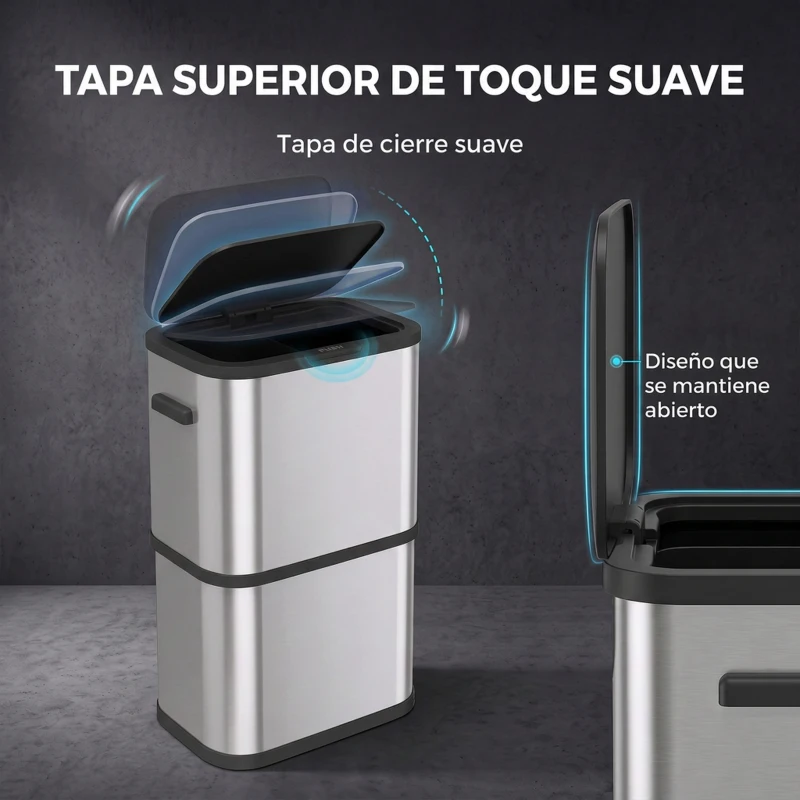 HOMCOM Cubo de Basura de Cocina de 60L de Acero Inoxidable con Sujetabolsas Tapa de Cierre Suave y Apertura Táctil Plata
