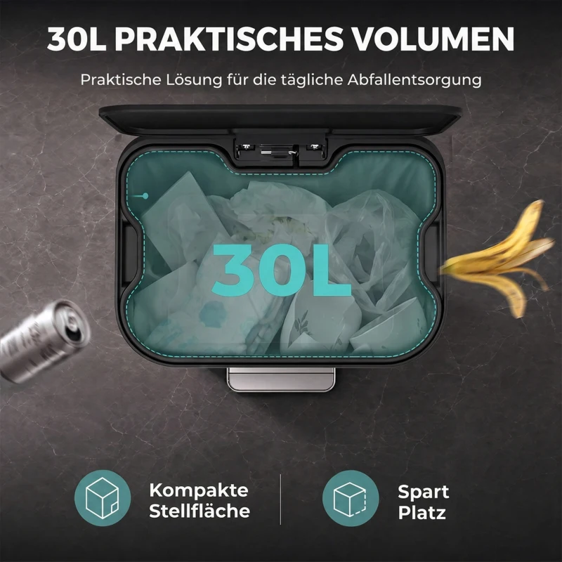 HOMCOM 30L Küchenmülleimer, Treteimer aus Edelstahl mit Soft-Close- und Offenhaltefunktion, herausnehmbarer Inneneimer, Silber