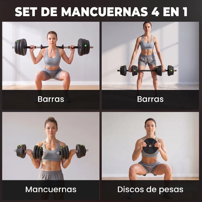 SPORTNOW Juego de Mancuernas Ajustables 25 kg 4 en 1 con Barras Conexión y Mangos Antideslizantes para Gimnasio en Casa Negro