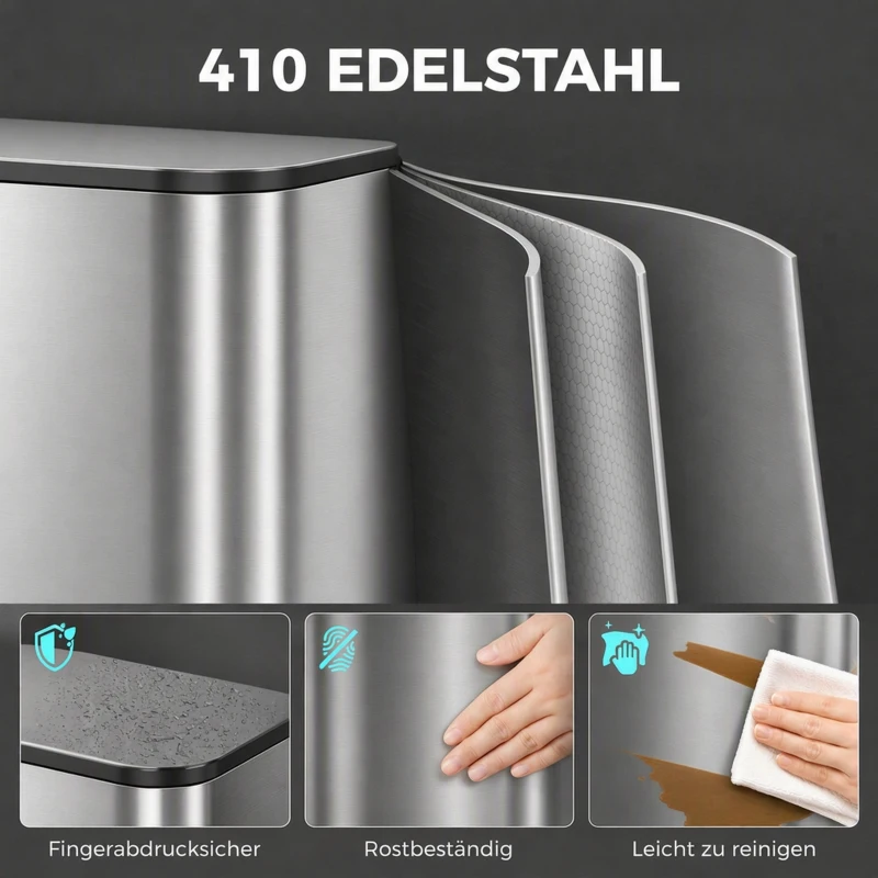 HOMCOM 30L Küchenmülleimer, Treteimer aus Edelstahl mit Soft-Close- und Offenhaltefunktion, herausnehmbarer Inneneimer, Silber