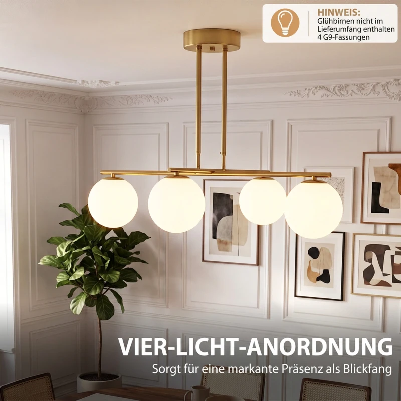 HOMCOM Moderne hanglamp met 4 bolkappen, in hoogte verstelbaar en 350° draaibaar, wit