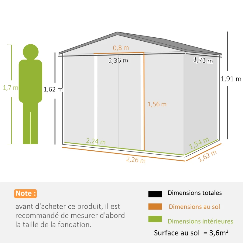 Outsunny Abri de Jardin en Acier 3,6 m² Toit Incliné 4 Aérations Portes Coulissantes Verrouillables 236x171x191cm, Marron Foncé