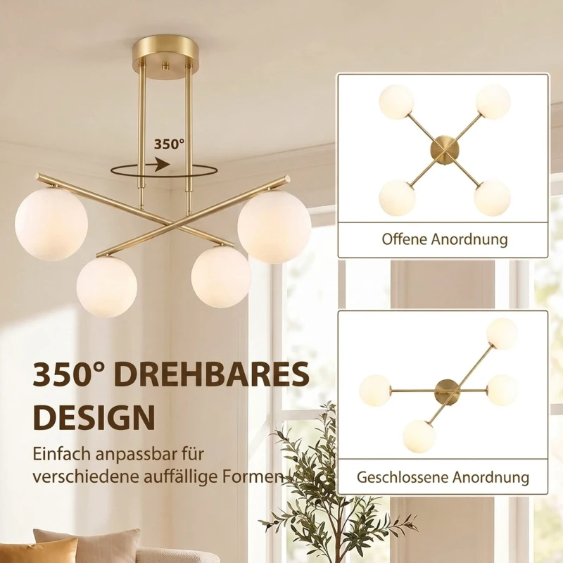 HOMCOM Moderne hanglamp met 4 bolkappen, in hoogte verstelbaar en 350° draaibaar, wit