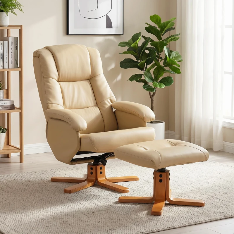 HOMCOM Sillón Relax con Reposapiés Sillón de Relajación Giratorio 360° Respaldo Inclinable Carga 120 Kg Beige