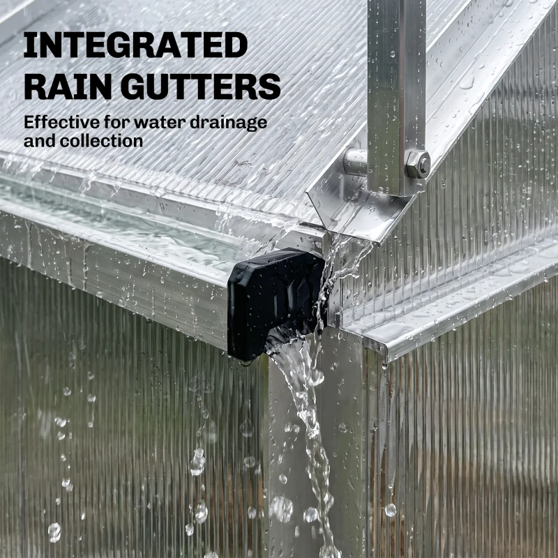 Outsunny 6 x 4ft Lean to Wall Polycarbonate Greenhouse Aluminium Walk-in Garden Greenhouse with Adjustable Roof Vent, Rain Gutter and Sliding Door, Clear