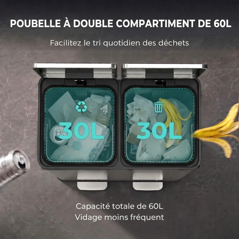 HOMCOM Poubelle à Double Compartiment 2 x 30 L, Poubelle de Cuisine à Pédale en Acier Inoxydable, Argenté