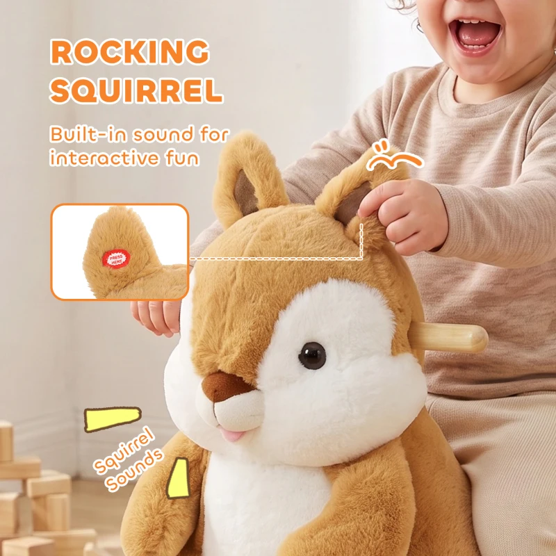 AIYAPLAY Rocking Horse, Stable Plush Ride on Horse Squirrel Design with Animal Sounds, Security Belt for Toddlers 1-3 Y, Brown