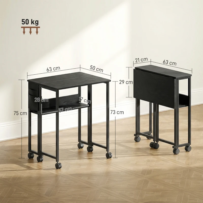 HOMCOM Bureau Pliant avec Plateau Ouvert et Pochette Latérale, en Bois et Acier, 63x50x75 cm, Noir