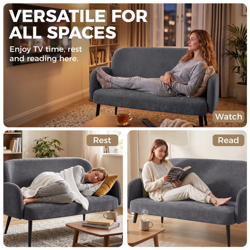 HOMCOM 132cm 2 Seater Sofa, Velvet Comfy Small Sofa Couch with Wide Seat, Thick Padding, Tapered Metal Legs, Dark Grey
